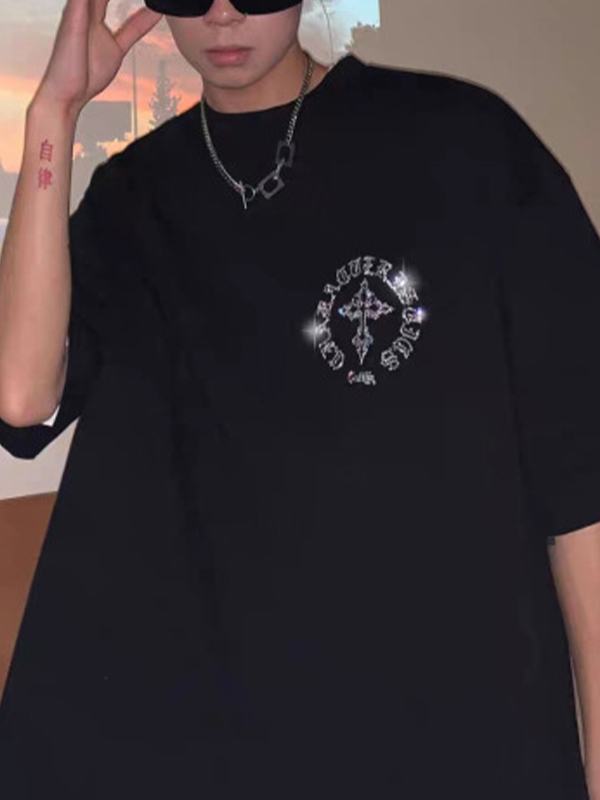 Camiseta de manga corta con diamantes de imitación cruzados para hombre-1