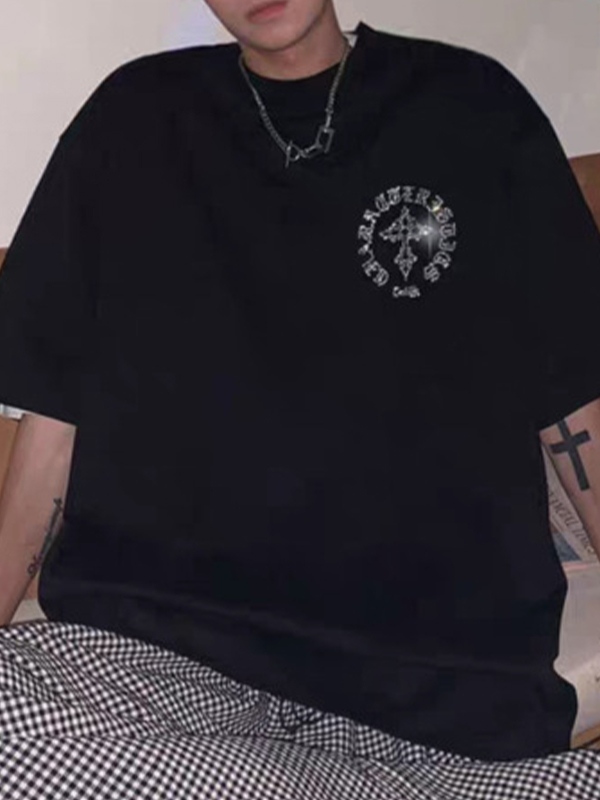 Camiseta de manga corta con diamantes de imitación cruzados para hombre-2