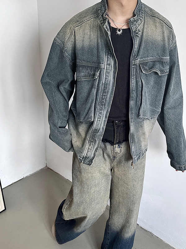 Chaqueta vintage con cremallera y bolsillo grande-2