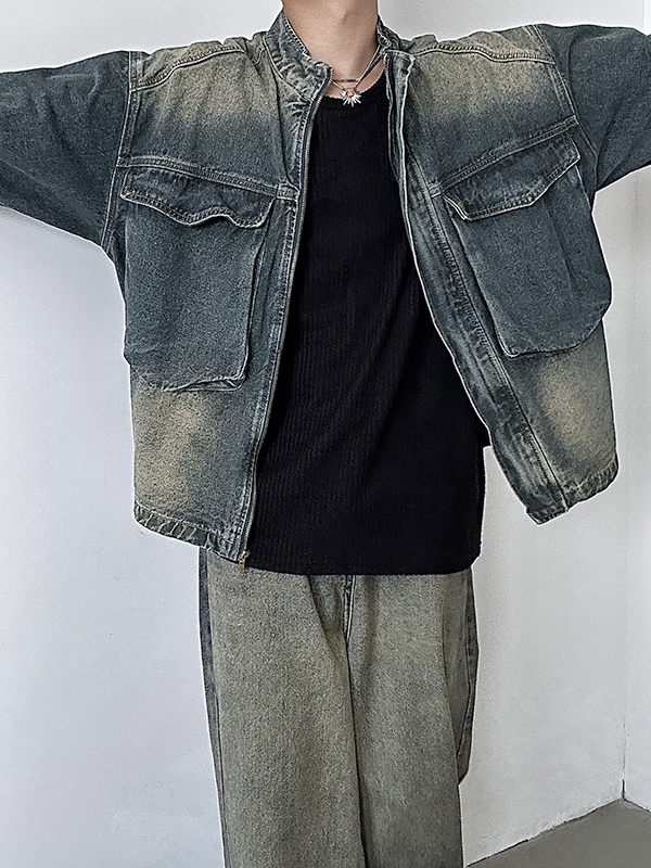 Chaqueta vintage con cremallera y bolsillo grande-3