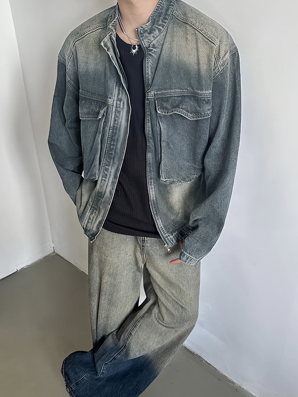 Chaqueta vintage con cremallera y bolsillo grande-1