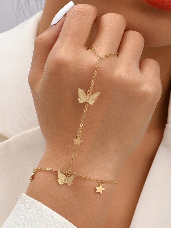 Pulsera esclava de cadena con anillo de dedo de mariposa-1